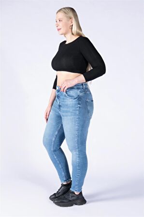 Büyük Beden Mavi Yüksek Bel Skinny Jeans